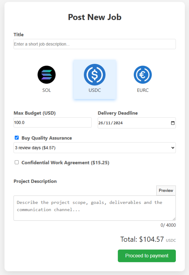 Screenshot showing new job form