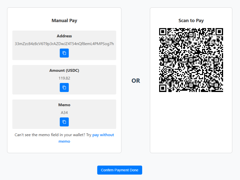 Screenshot showing payment options